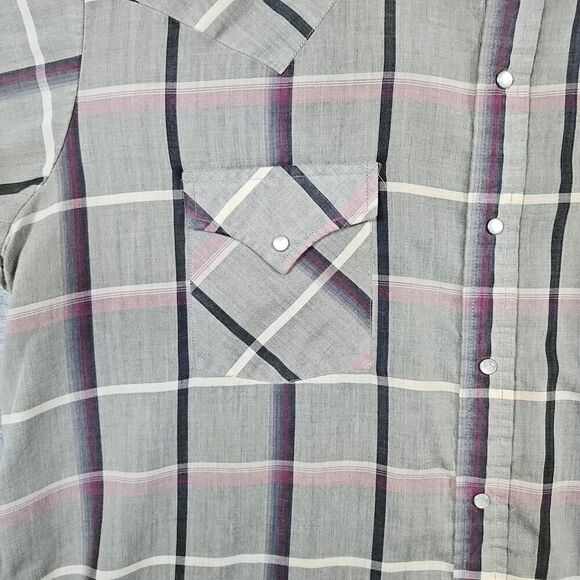 Ely Plains Men's XL Pearl Snap Short Sleeve Shirt Gray Windowpane WITH PINHOLES‎ - Picture 3 of 13